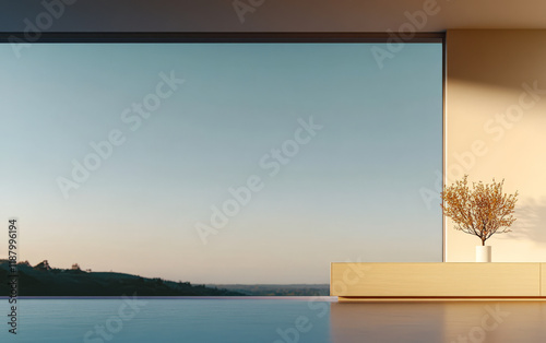 Serenity in minimalism with a scenic view and natural light at sunset