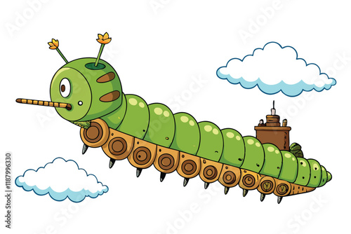 Futuristic steam powered caterpillar train with intricate mechanical details and a charming design floating in the sky