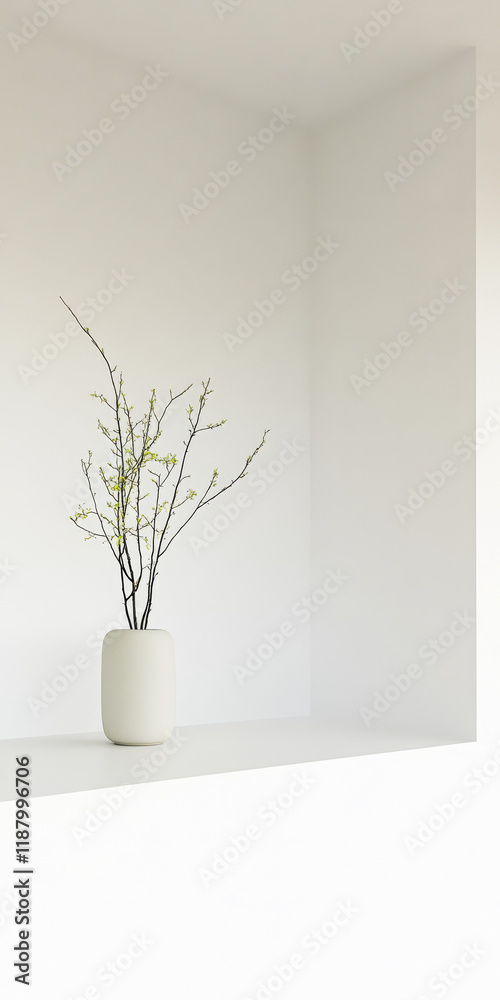 Minimalist vase with branches displayed on a clean white shelf in a contemporary space