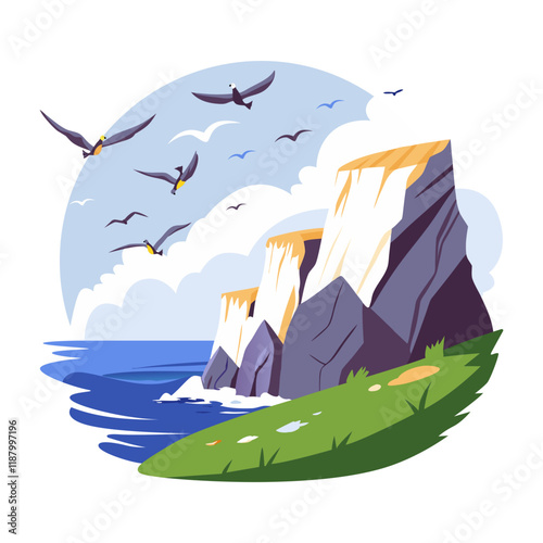 A flat illustration of a stunning sea coastline with towering cliffs
