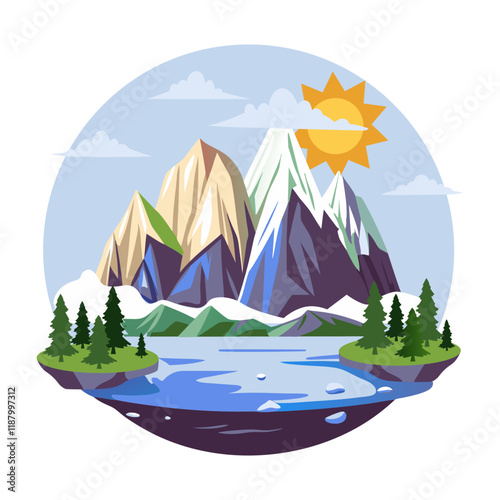 A flat illustration of a stunning mountain loch