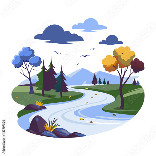 A flat illustration of a serene forest river with lush trees