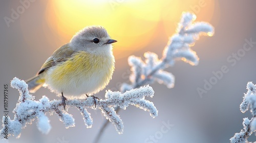 A small bird rests on a frosty winter branch at sunrise photo