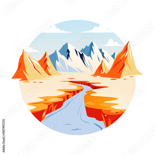 A flat illustration of a majestic mountain river flowing through a canyon