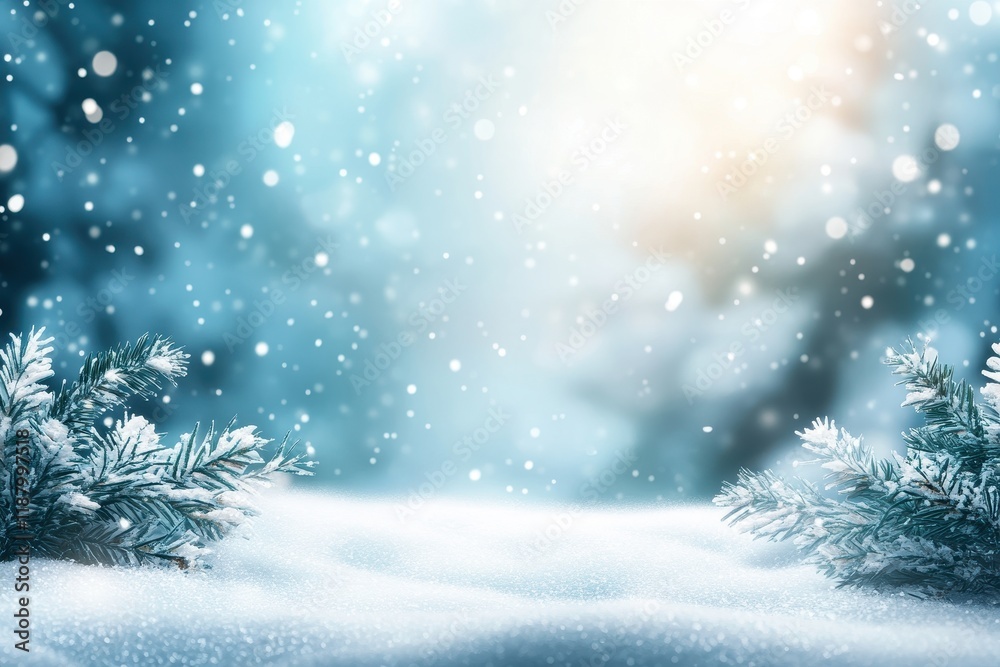 Snowy winter forest scene; snow falling, branches; holiday background Snowy winter forest scene; snow falling, branches; holiday background