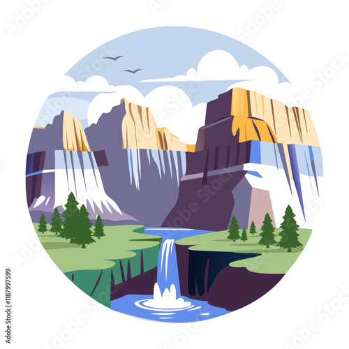 A flat illustration of a waterfall landscape cascading down a cliff, surrounded by lush greenery