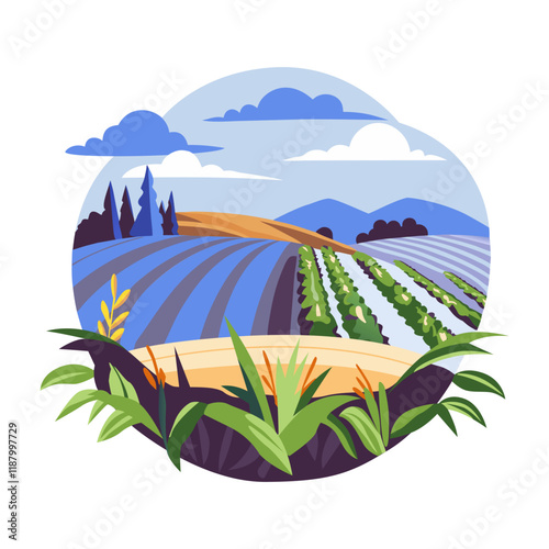 A flat illustration of a picturesque farmland landscape with rolling hills, lush fields, and a clear blue sky