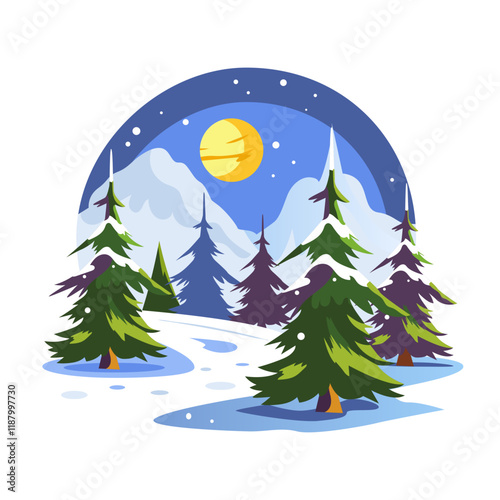 A flat illustration of a peaceful winter scene with snowfall