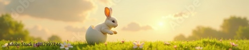 Happy rabbit jumps out of egg with playful movement , movement, Easter