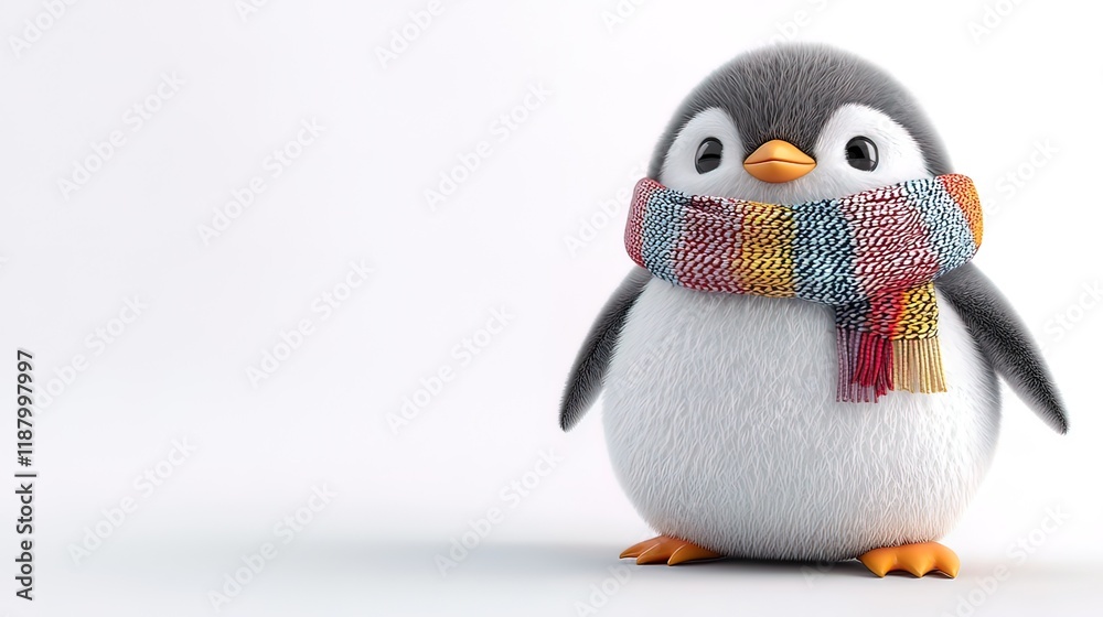 Fototapeta premium Cute cartoon penguin wearing a colorful scarf against a white background.