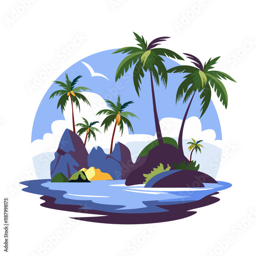 A flat illustration of a tropical island with lush palm trees