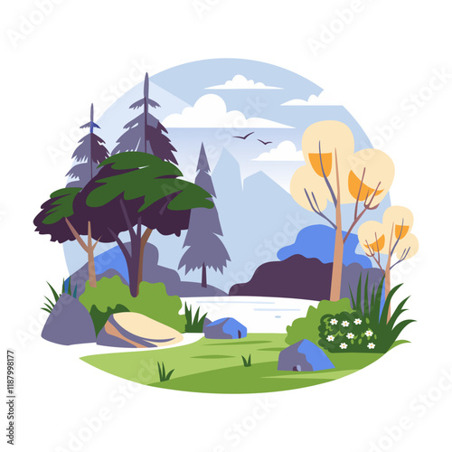 A flat illustration of a serene forest scenery with lush green trees