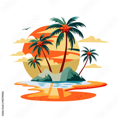 A flat illustration of a tropical palm island with a vibrant sunset in the background