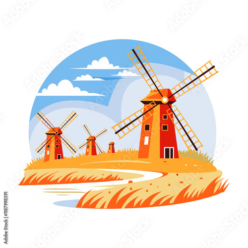 A flat illustration of a picturesque landscape with several traditional windmills