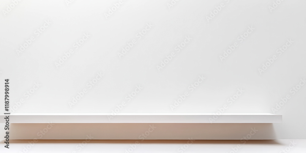 Empty white shelf against a plain wall in a minimalist setting designed for display or storage Empty white shelf against a plain wall in a minimalist setting designed for display or storage