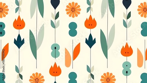 White Background with Retro Floral Shapes in Orange and Aqua Blue