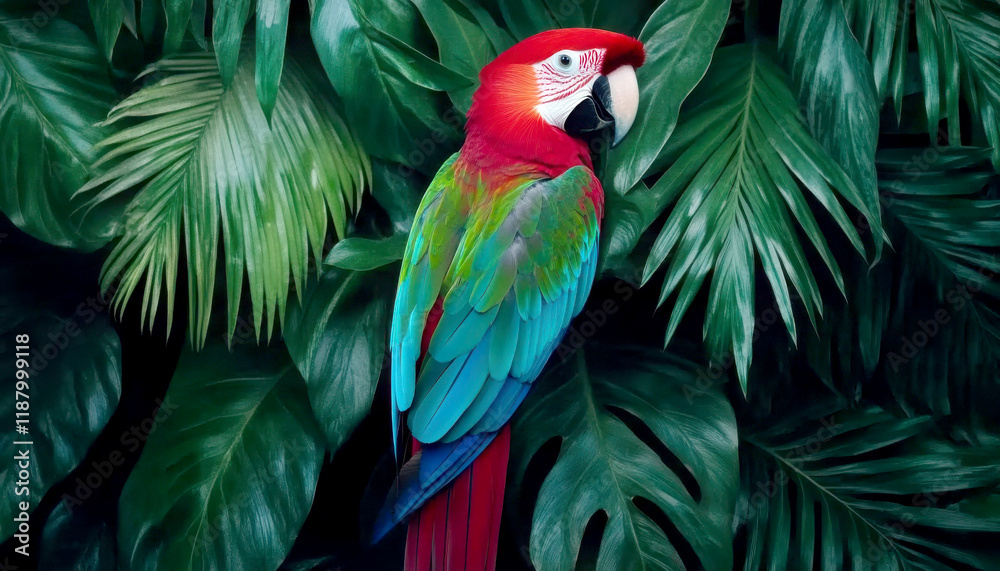 Obraz premium Vibrant parrot perched among lush green tropical leaves.