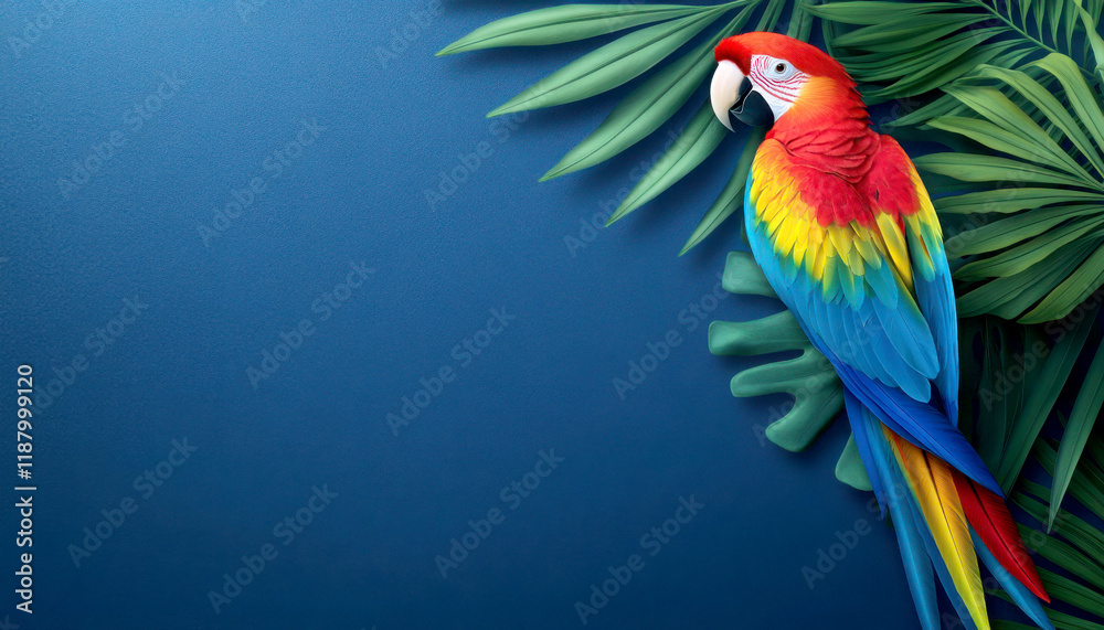 Fototapeta premium Vibrant parrot perched on lush green leaves against a blue background.