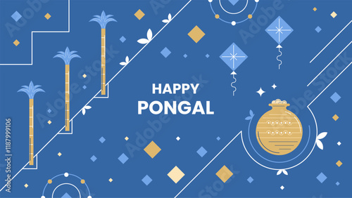 Happy Pongal background design for greeting. Pongal pot, sugarcane, and more are included in the design.