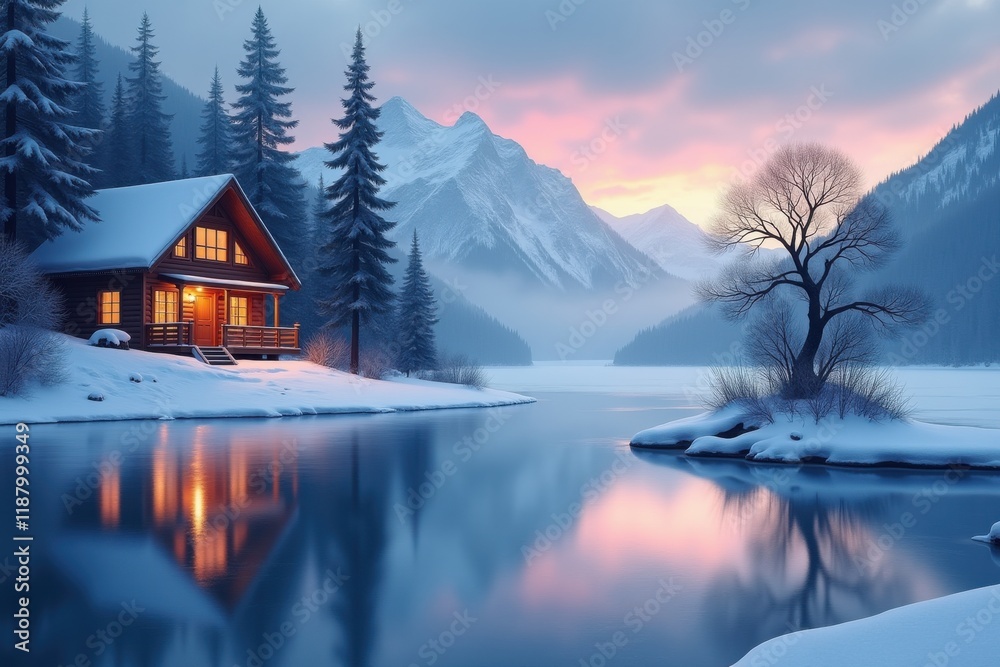 Fototapeta premium Beautiful wooden cabin glowing with warm lights, surrounded by snowy pine trees and mountains. Set by a serene frozen lake with reflections at sunset. Perfect for winter and travel concepts.