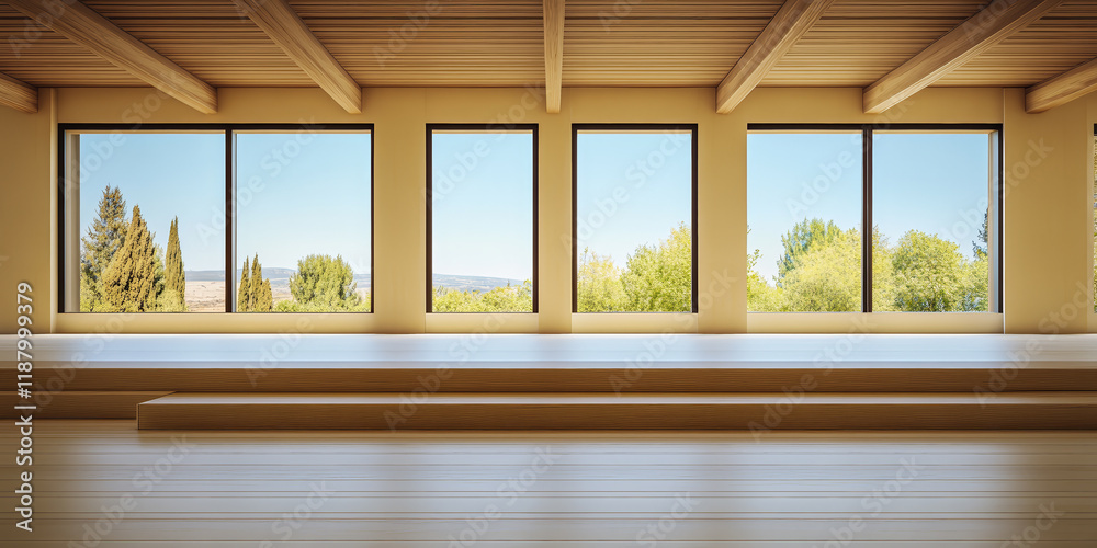 Fototapeta premium Modern open space with large windows showcasing a scenic view of greenery and mountains
