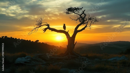 A black kite perched on a dead tree, silhouetted against the dramatic backdrop of a Monfrage sunset. photo