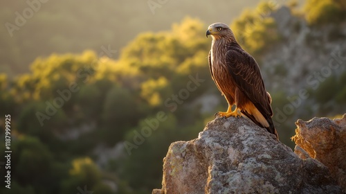 A black kite perched on a rocky ledge overlooking Monfrage, its powerful beak highlighted in the warm morning light. photo