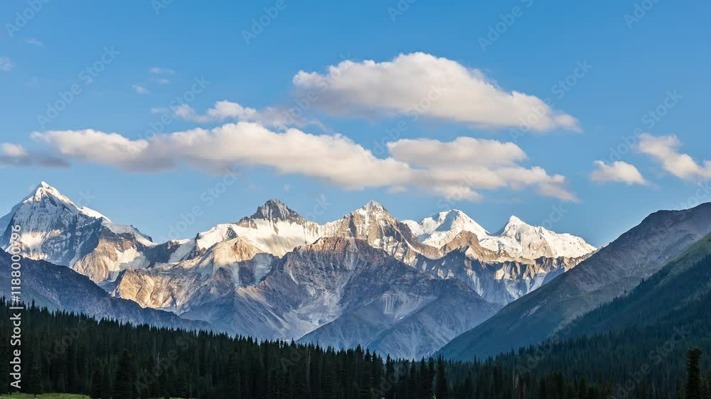 Majestic snow mountain range under a bright blue sky with fluffy white clouds. Green forest and mountain natural landscape in Xinjiang, China. Majestic snow mountain range under a bright blue sky with fluffy white clouds. Green forest and mountain natural landscape in Xinjiang, China.