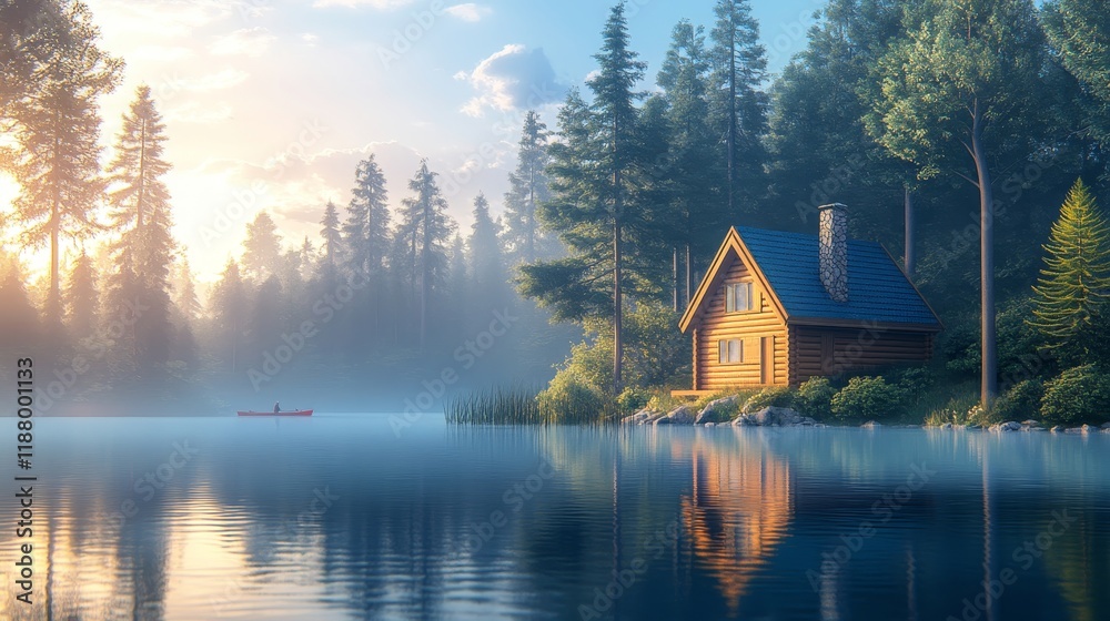 Fototapeta premium Tranquil lake with cabin and canoe at sunrise amidst misty pine forest