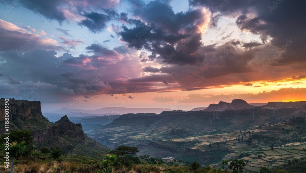 Fototapeta premium Breathtaking sunset over ethiopian highlands with dramatic clouds and vast landscapes