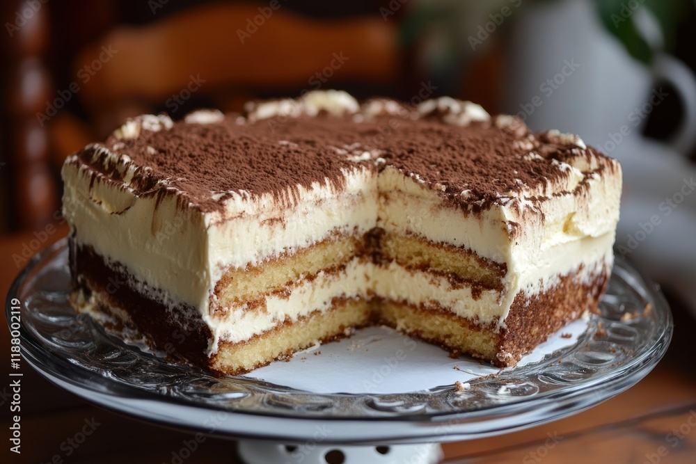 Sliced tiramisu cake on table, kitchen background Sliced tiramisu cake on table, kitchen background
