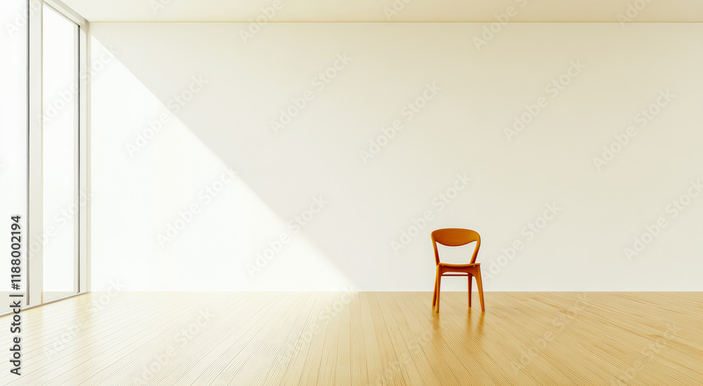 Fototapeta premium Minimalist interior with a single wooden chair in a well-lit room during daytime