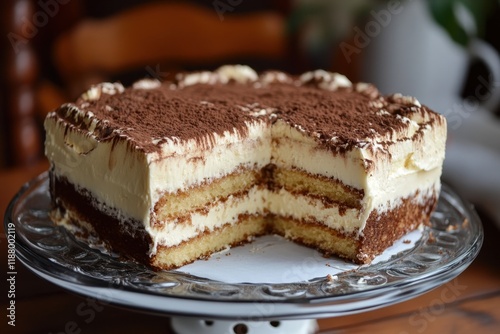 Sliced tiramisu cake on table, kitchen background photo