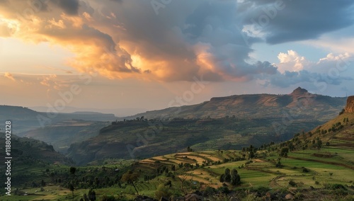 Breathtaking ethiopian highlands at sunset with dramatic clouds and lush green valley