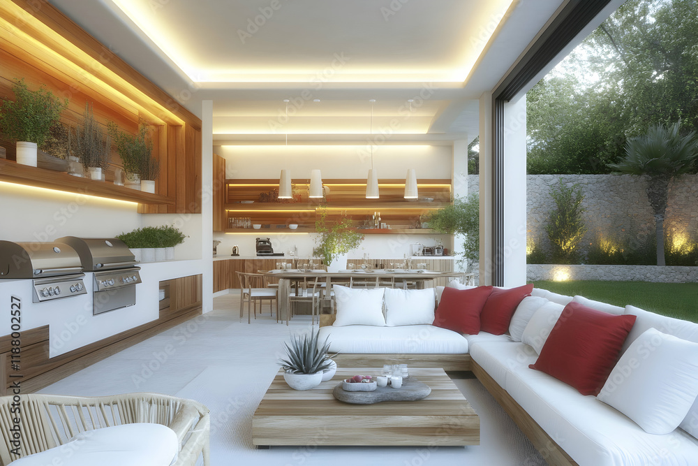 Fototapeta premium Modern outdoor kitchen and lounge area with garden view, perfect for luxury real estate listings or home design magazines