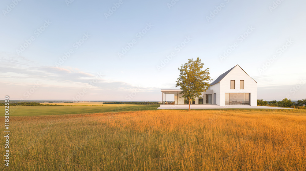 Modern house surrounded by golden fields at sunset in a tranquil rural setting Modern house surrounded by golden fields at sunset in a tranquil rural setting
