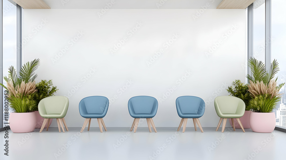 Fototapeta premium Modern waiting room interior design with pastel chairs and plants, city view; ideal for healthcare, office, or hospitality websites