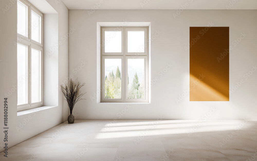 Bright interior with minimalistic design featuring windows and a warm-toned wall art Bright interior with minimalistic design featuring windows and a warm-toned wall art
