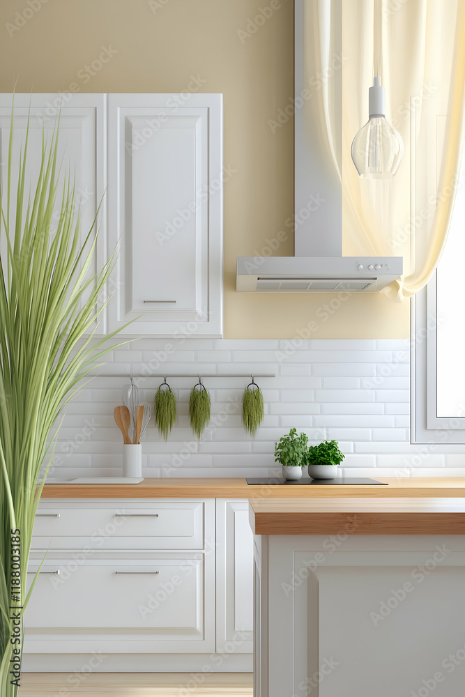 Fototapeta premium Modern white kitchen interior design; light wood countertops, herbs hanging, sunlight; ideal for home decor websites