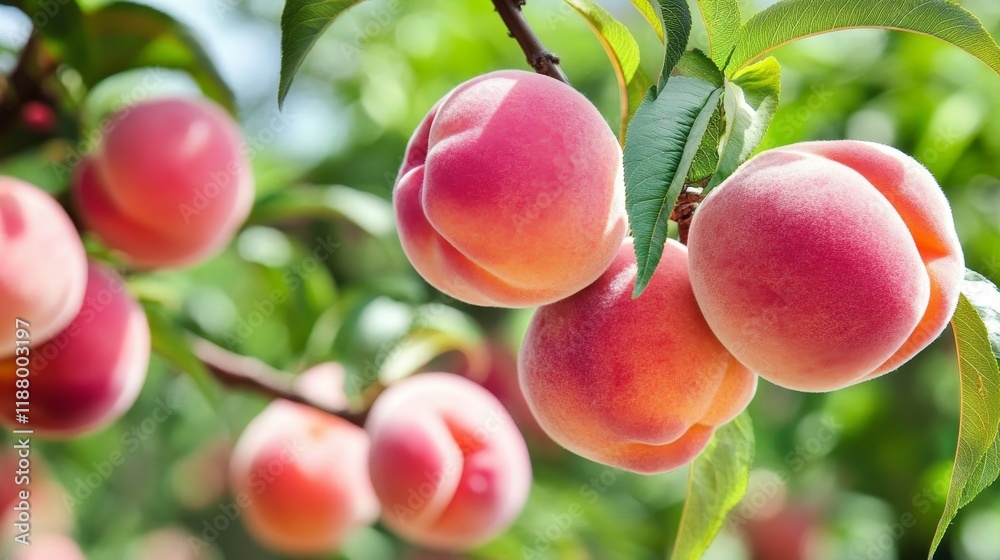 Ripe peaches hanging on tree branch in a sunny orchard Ripe peaches hanging on tree branch in a sunny orchard