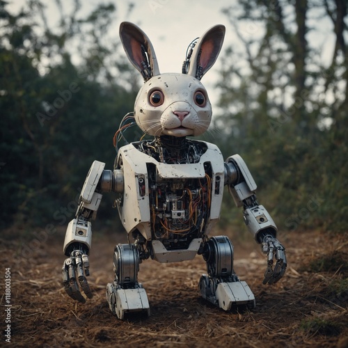 A robotic rabbit shaped like a toy but with lifelike movements. photo