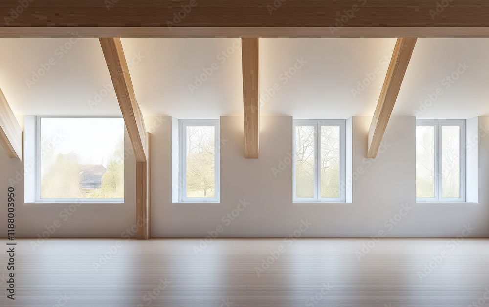 Obraz premium Modern spacious room with large windows and wooden beams for natural light