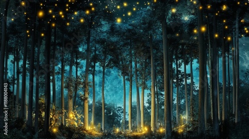 Enchanting forest night with glowing fireflies under a starry sky