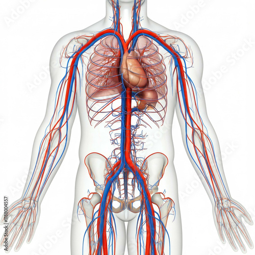 3d render of human circulatory system with arteries and veins anatomy illustration  red blue white  transparent  front view white background
