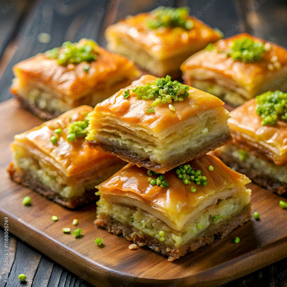 A close-up of freshly baked baklava on a wooden board. A close-up of freshly baked baklava on a wooden board.