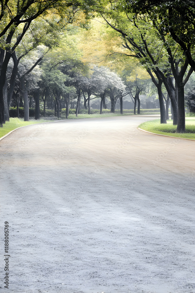 Obraz premium Serene park path winding through lush green trees on a misty morning, ideal for peaceful walks or contemplative moments