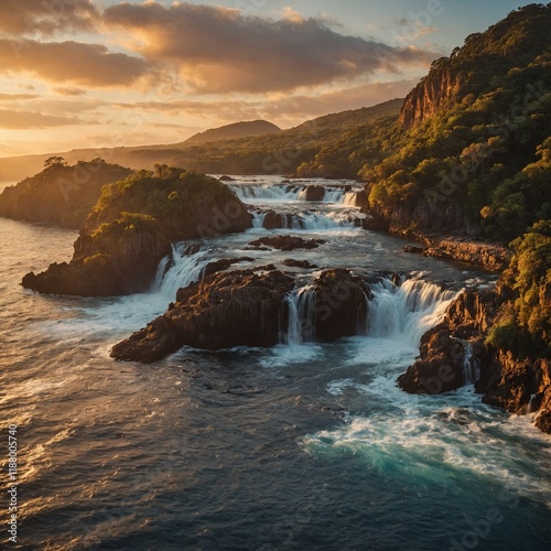 A rocky island with cascading waterfalls, glowing in the soft golden hues of the sunset.