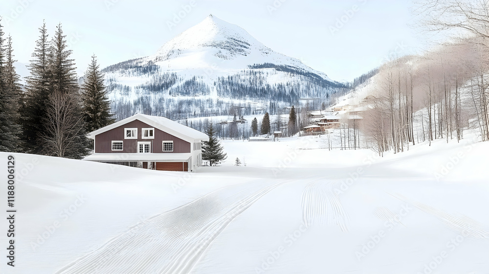 Snowy mountain chalet winter landscape, cross-country ski trail, village background; ideal for travel, real estate, or winter sports brochures Snowy mountain chalet winter landscape, cross-country ski trail, village background; ideal for travel, real estate, or winter sports brochures