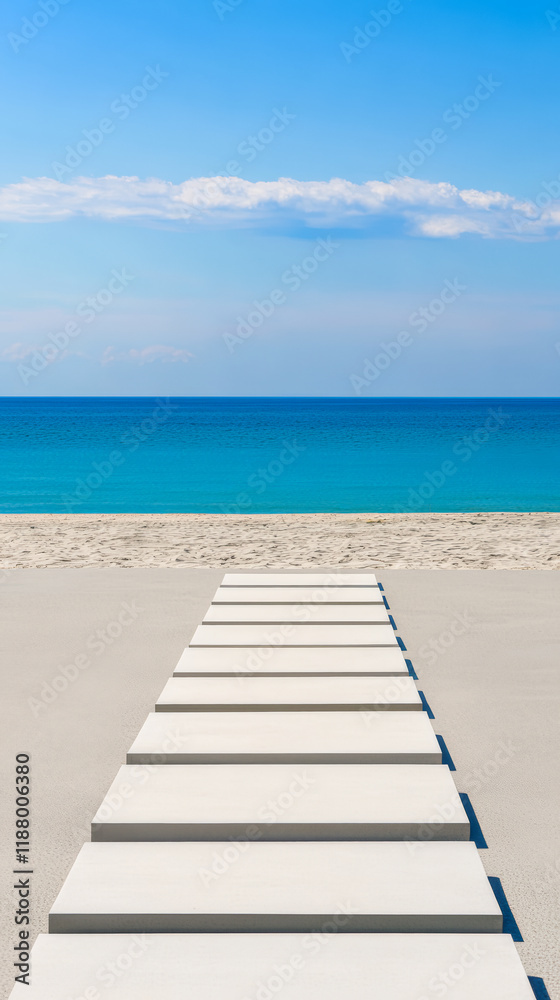 Obraz premium Bright white walkway leading to a serene beach with turquoise waters on a sunny day