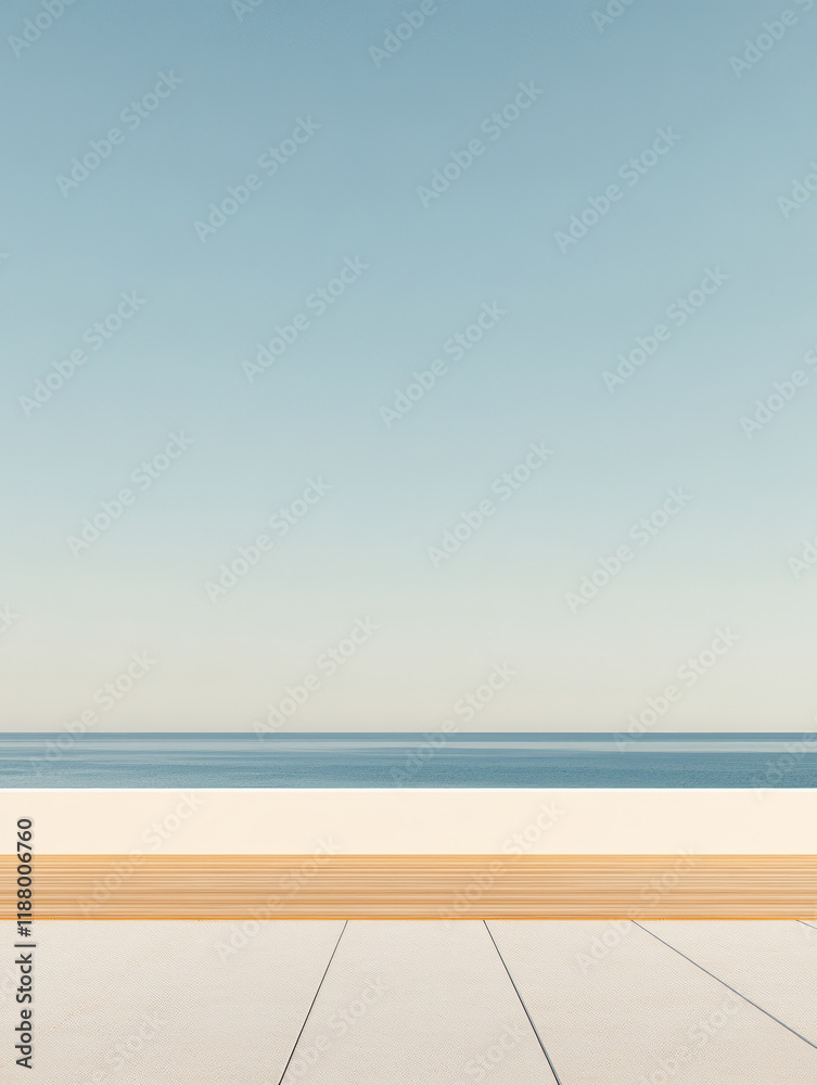 Fototapeta premium Serene coastal view from a minimalistic deck overlooking the calm ocean horizon